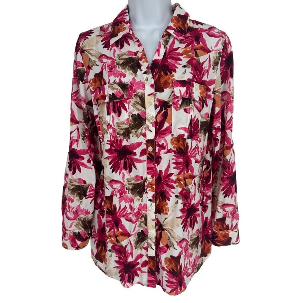 Chico's Womens Pink Floral Collared Button Up Roll Tab Sleeve Size 1 US M